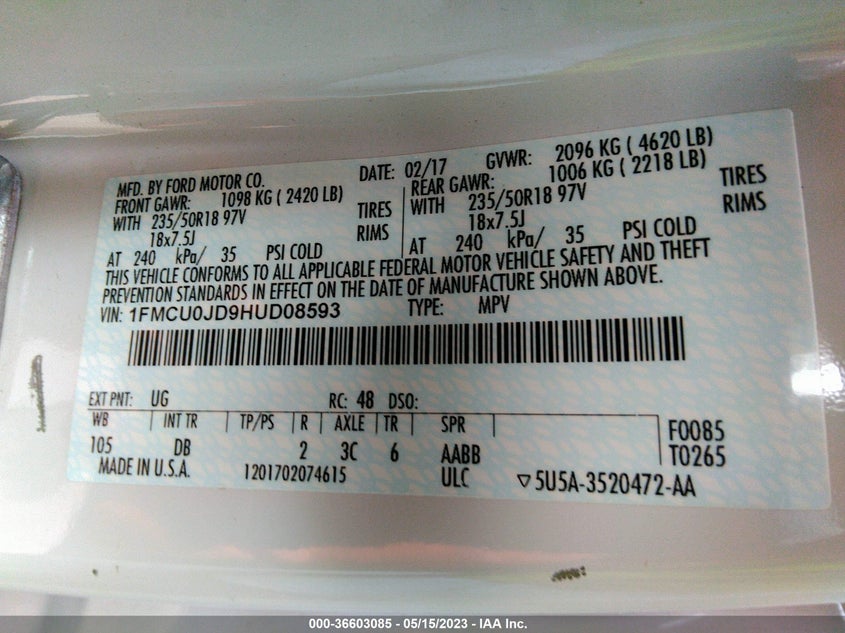 VIN 1FMCU0JD9HUD08593 2017 FORD ESCAPE TITANIUM