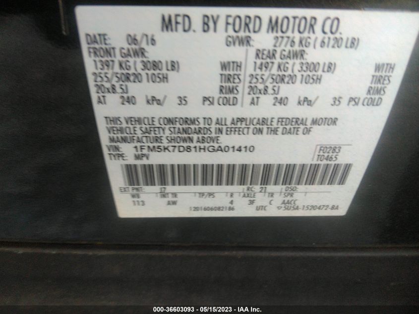 2017 FORD EXPLORER XLT - 1FM5K7D81HGA01410