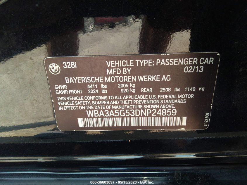 2013 BMW 3 SERIES 328I - WBA3A5G53DNP24859