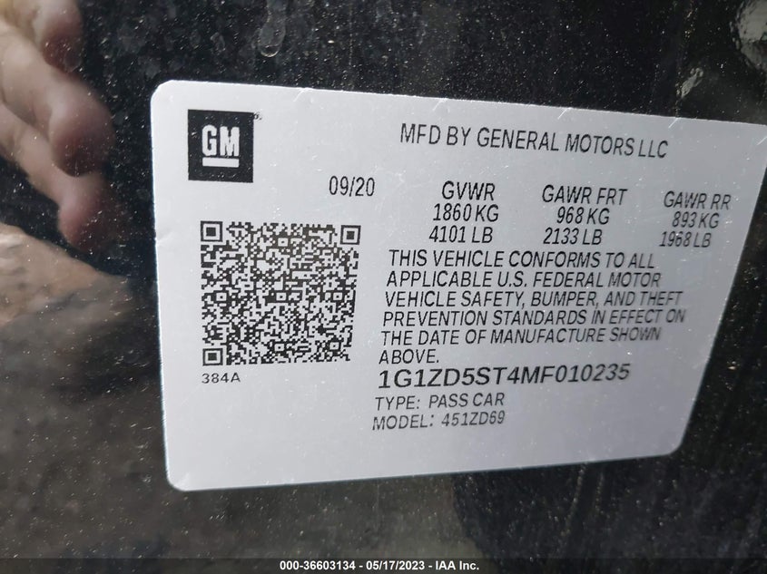 VIN 1G1ZD5ST4MF010235 2021 CHEVROLET MALIBU LT