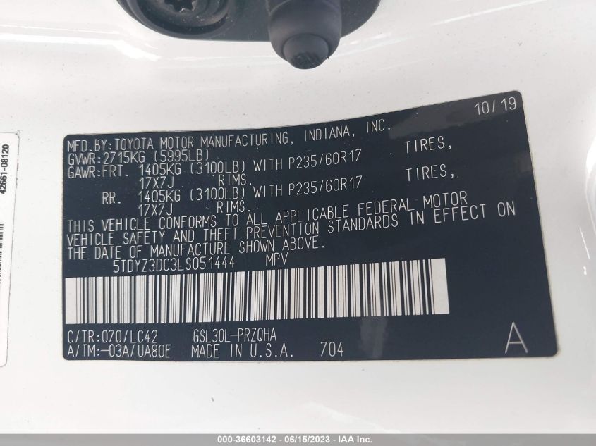 2020 TOYOTA SIENNA XLE AUTO ACCESS - 5TDYZ3DC3LS051444