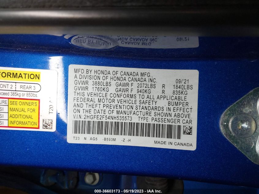 2022 HONDA CIVIC SEDAN SPORT - 2HGFE2F54NH535573