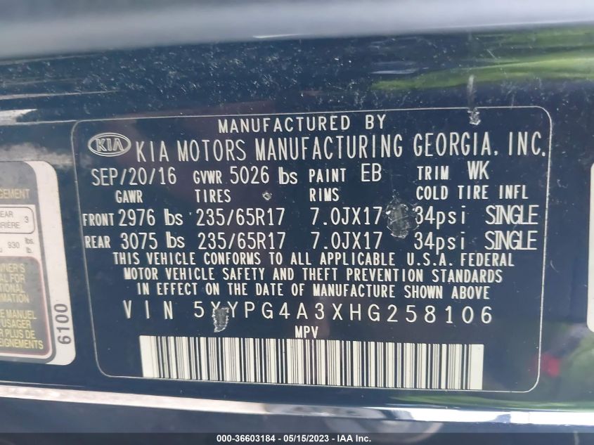 2017 KIA SORENTO LX - 5XYPG4A3XHG258106