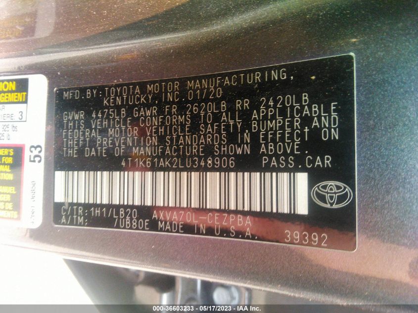 2020 TOYOTA CAMRY XSE - 4T1K61AK2LU348906