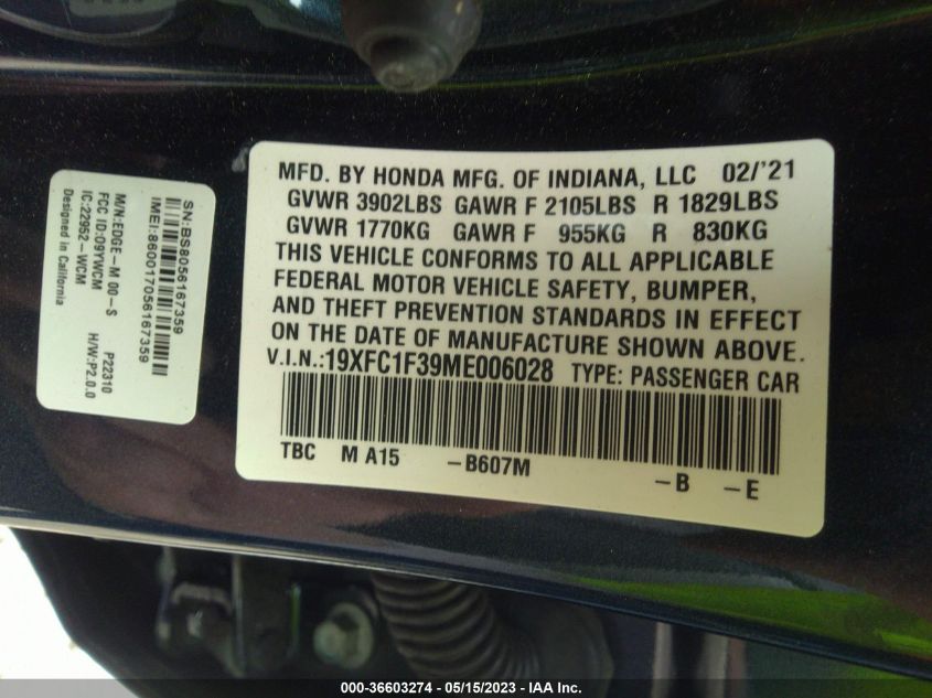 2021 HONDA CIVIC SEDAN EX - 19XFC1F39ME006028