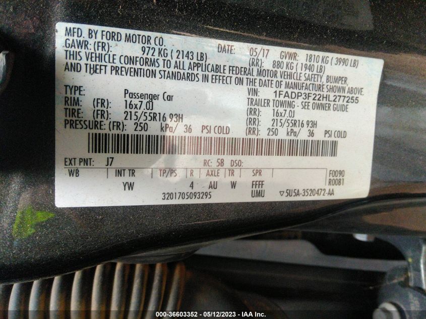 2017 FORD FOCUS SE - 1FADP3F22HL277255