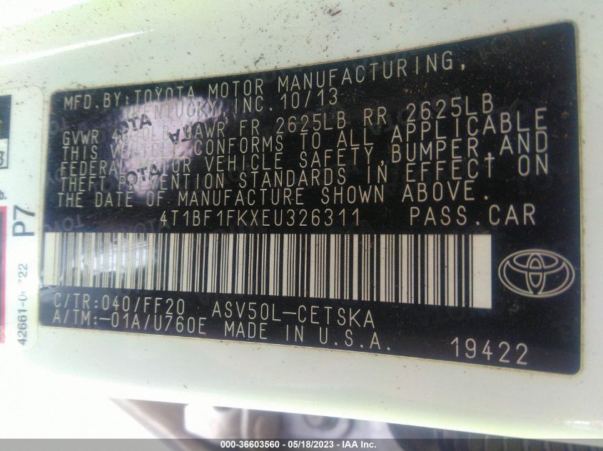 2014 TOYOTA CAMRY L/LE/XLE/SE/SE SPORT - 4T1BF1FKXEU326311