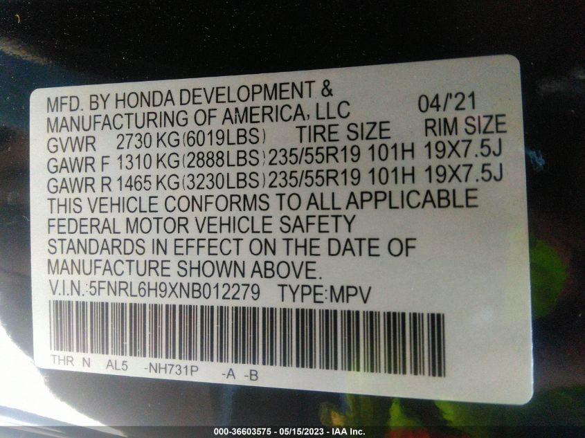 2022 HONDA ODYSSEY ELITE - 5FNRL6H9XNB012279