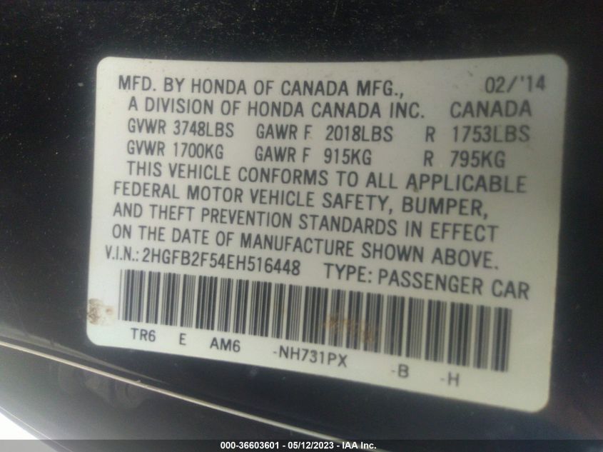 2014 HONDA CIVIC SEDAN LX - 2HGFB2F54EH516448