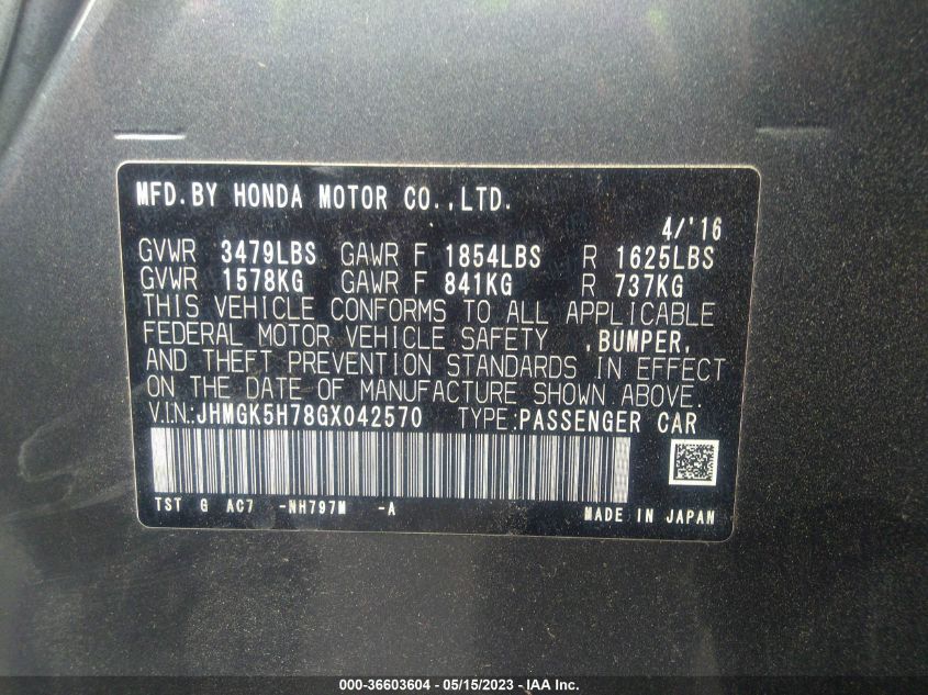2016 HONDA FIT EX - JHMGK5H78GX042570