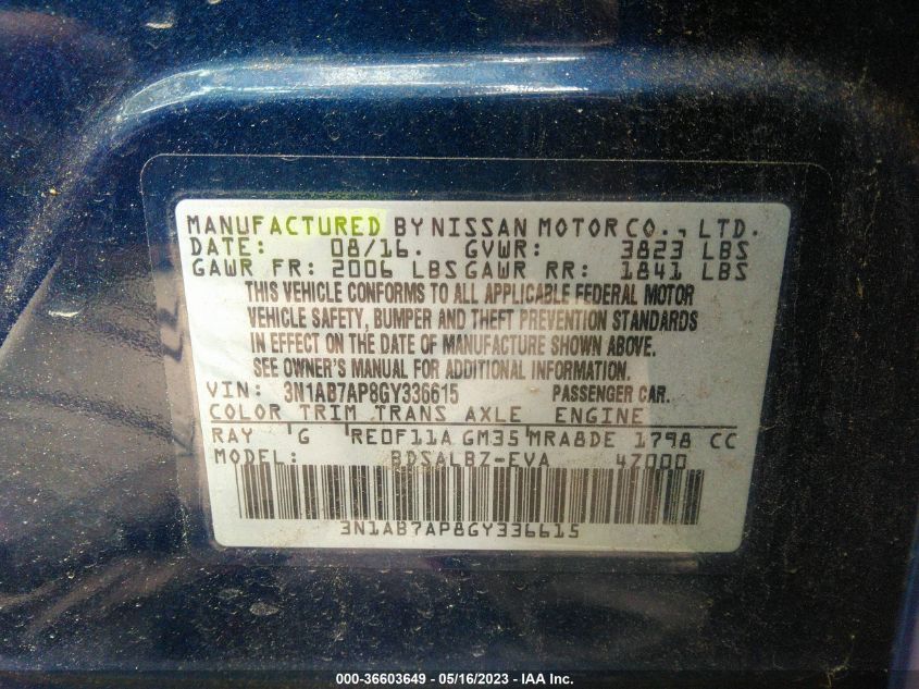 2016 NISSAN SENTRA S - 3N1AB7AP8GY336615