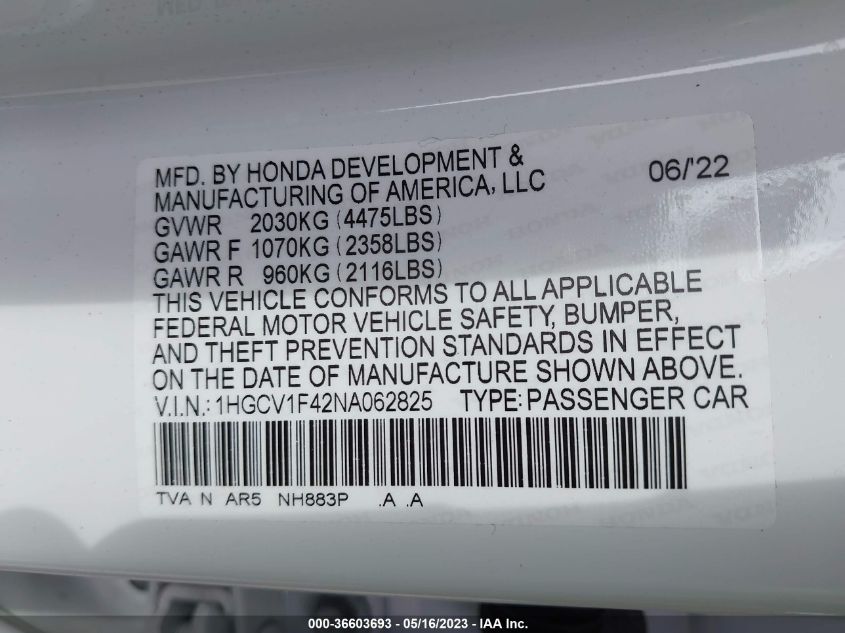 2022 HONDA ACCORD SEDAN SPORT SE - 1HGCV1F42NA062825