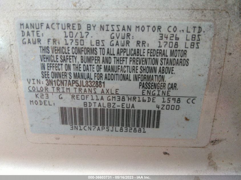 2018 NISSAN VERSA SEDAN SV - 3N1CN7AP5JL832881