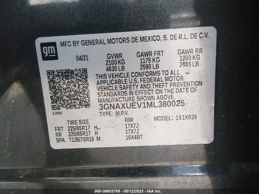 2021 CHEVROLET EQUINOX LT - 3GNAXUEV1ML380025