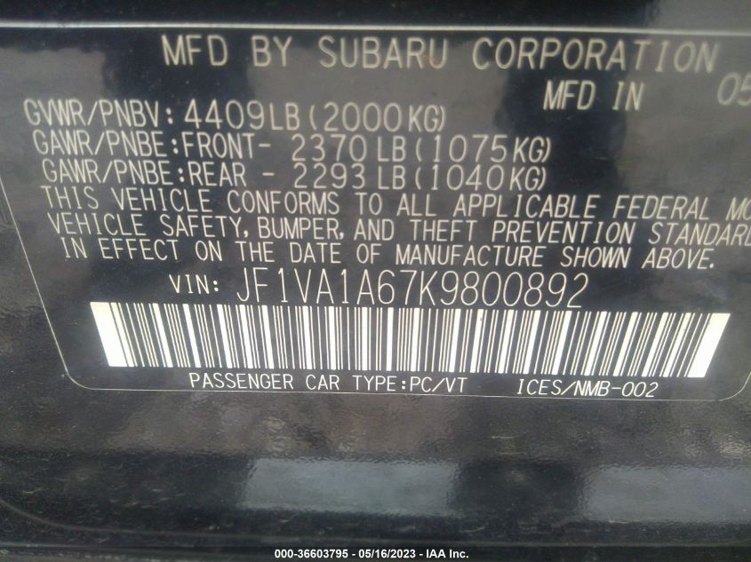 2019 SUBARU WRX - JF1VA1A67K9800892