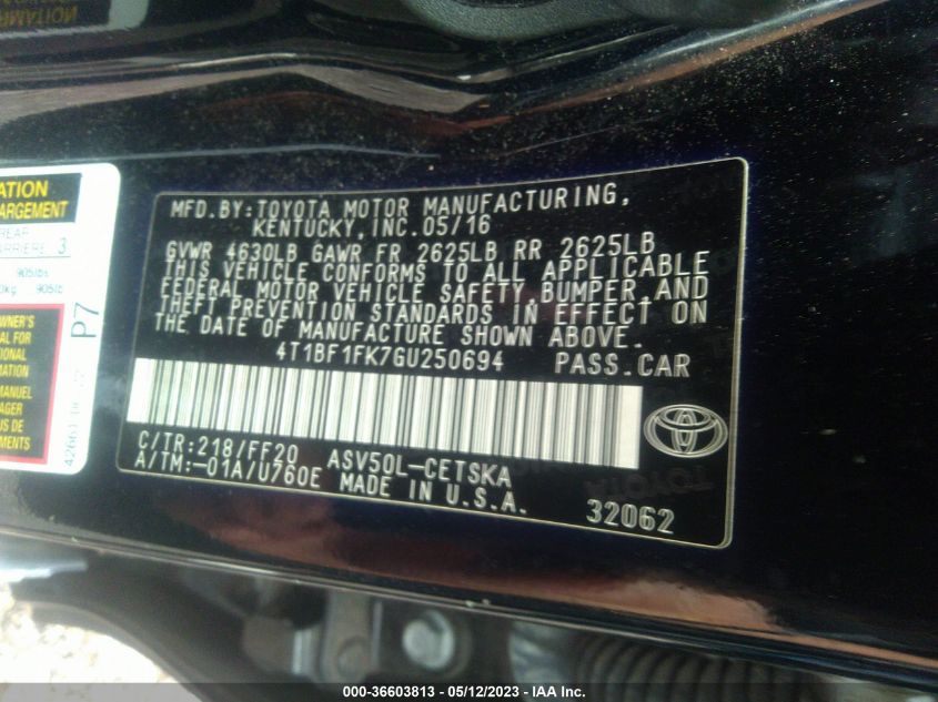 2016 TOYOTA CAMRY XLE/SE/LE/XSE - 4T1BF1FK7GU250694