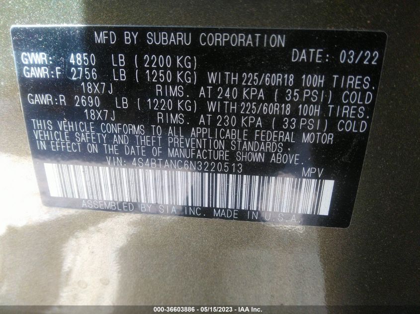 2022 SUBARU OUTBACK LIMITED - 4S4BTANC6N3220513