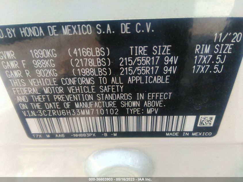 2021 HONDA HR-V LX - 3CZRU6H33MM710102