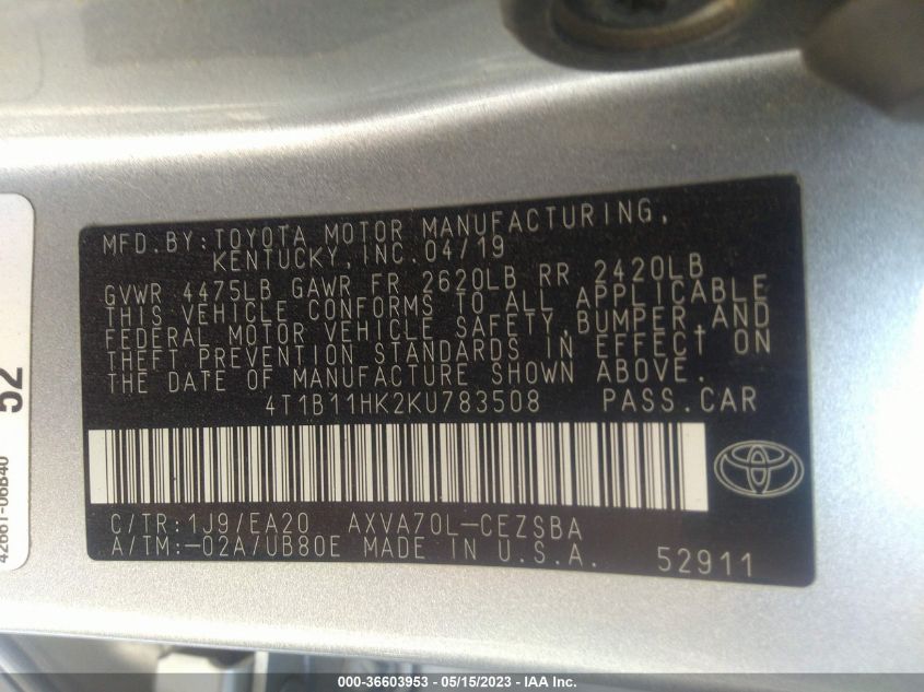 2019 TOYOTA CAMRY LE/SE/XLE/L - 4T1B11HK2KU783508