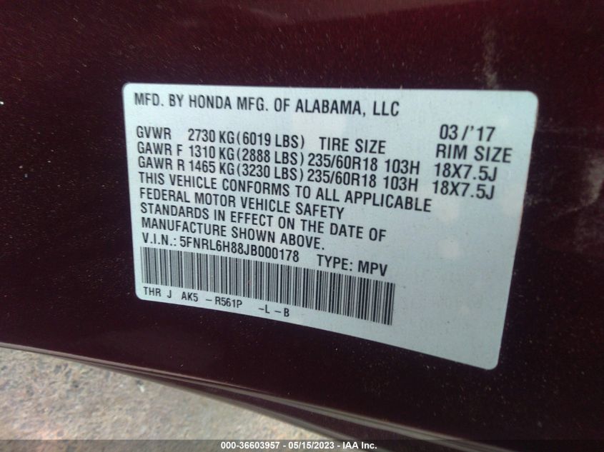 2018 HONDA ODYSSEY TOURING - 5FNRL6H88JB000178