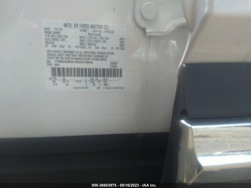 2022 FORD EXPLORER XLT - 1FMSK8DH1NGA78606