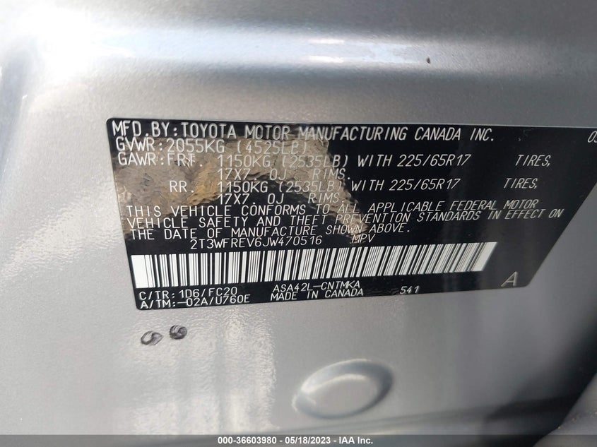 VIN 2T3WFREV6JW470516 2018 TOYOTA RAV4 XLE/ADVENTURE