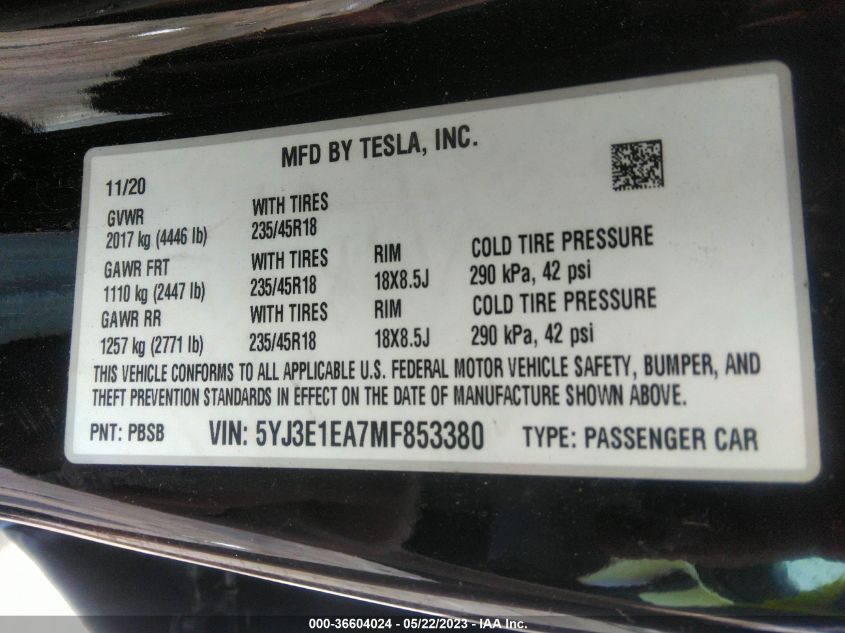 2021 TESLA MODEL 3 STANDARD RANGE PLUS - 5YJ3E1EA7MF853380