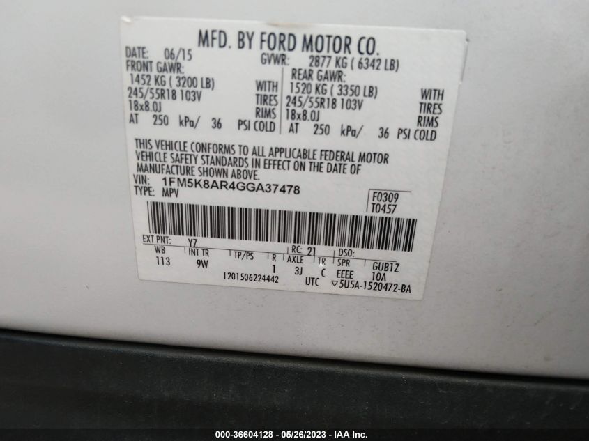 2016 FORD UTILITY POLICE 1FM5K8AR4GGA37478
