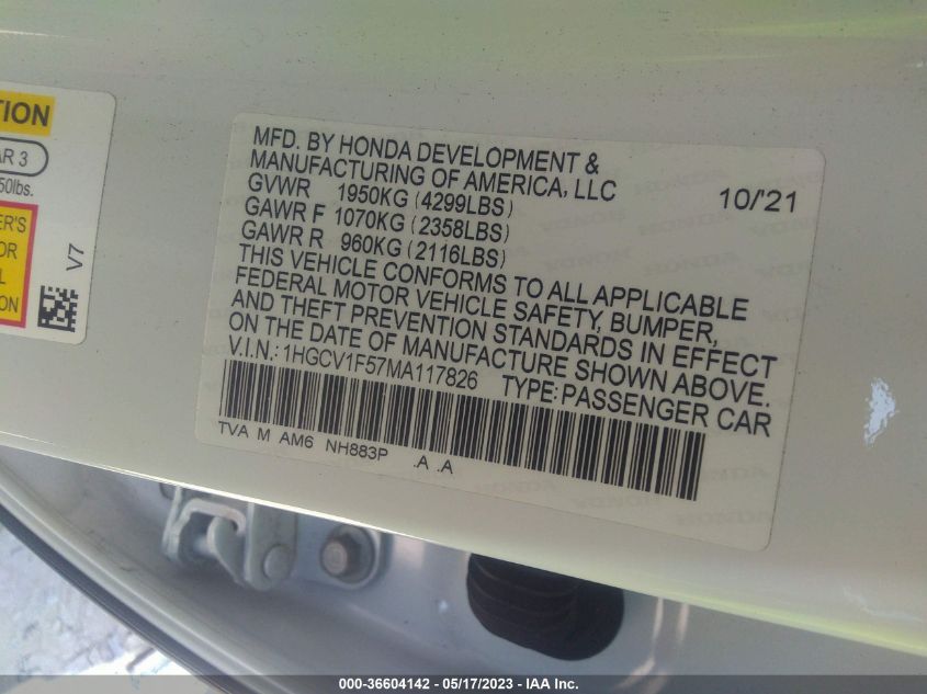 2021 HONDA ACCORD SEDAN EX-L - 1HGCV1F57MA117826