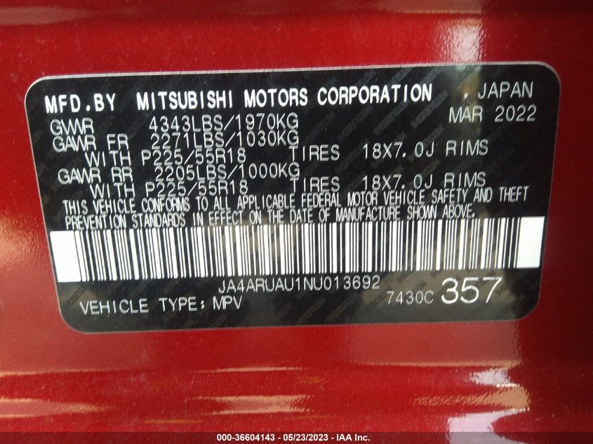 2022 MITSUBISHI OUTLANDER SPORT ES/LE/SE - JA4ARUAU1NU013692
