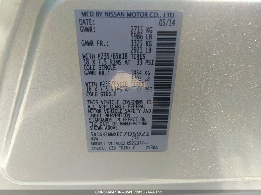 2014 NISSAN PATHFINDER SL - 5N1AR2MNXEC705921