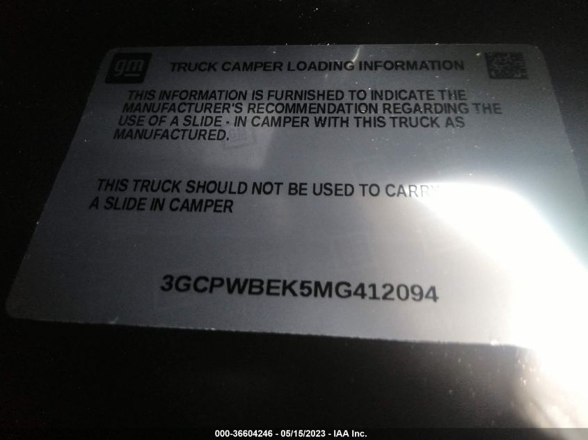 2021 CHEVROLET SILVERADO 1500 CUSTOM - 3GCPWBEK5MG412094