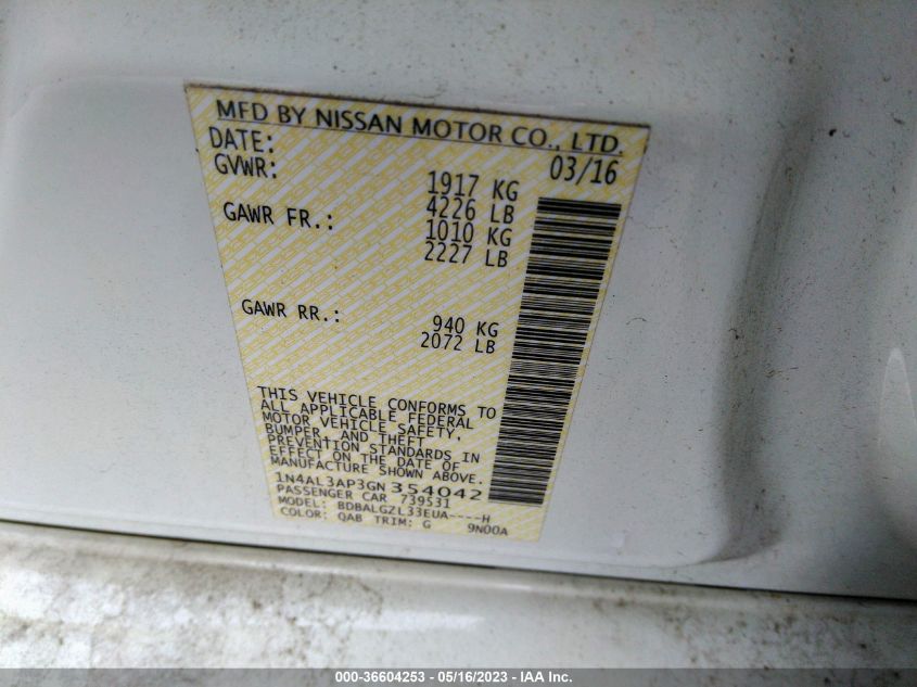 2016 NISSAN ALTIMA 2.5 S - 1N4AL3AP3GN354042