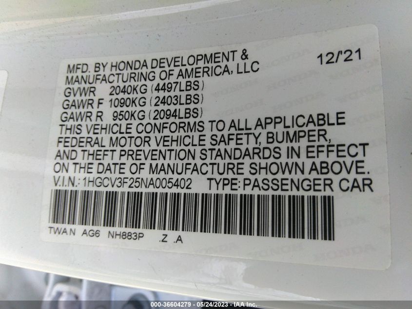 1HGCV3F25NA005402 Honda Accord Hybrid SPORT 9