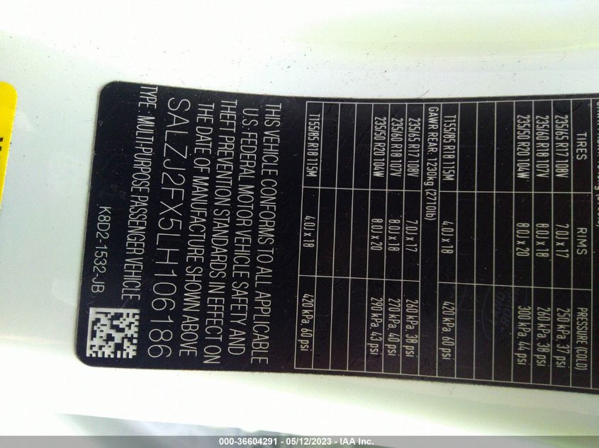 2020 LAND ROVER RANGE ROVER EVOQUE S - SALZJ2FX5LH106186