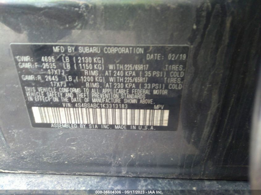 2019 SUBARU OUTBACK - 4S4BSABC1K3313183