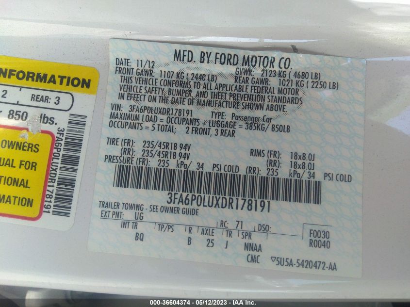 2013 FORD FUSION SE HYBRID - 3FA6P0LUXDR178191