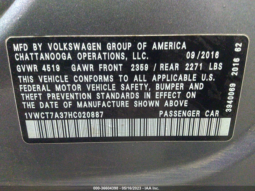 VIN 1VWCT7A37HC020887 2017 VOLKSWAGEN PASSAT 1.8T SEL PREMIUM