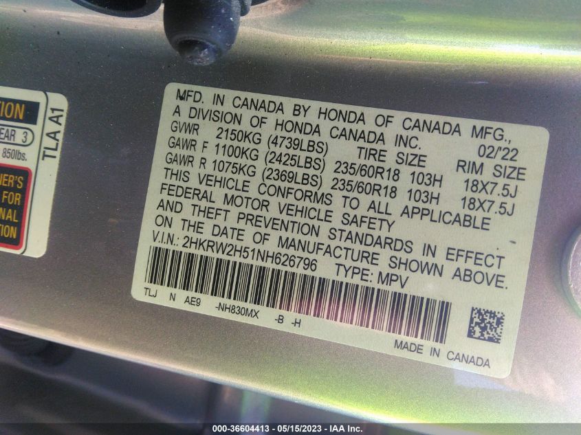 2022 HONDA CR-V EX - 2HKRW2H51NH626796