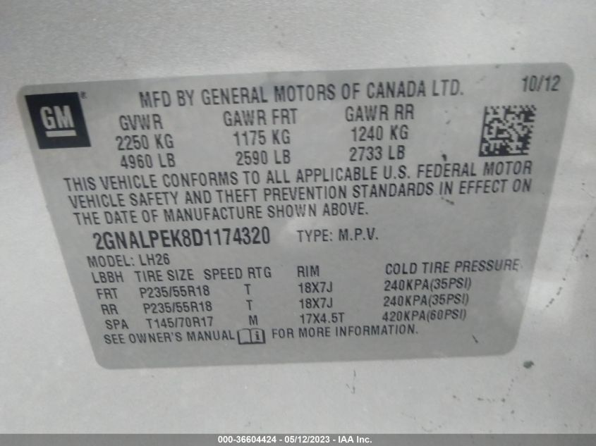 2013 CHEVROLET EQUINOX LT - 2GNALPEK8D1174320