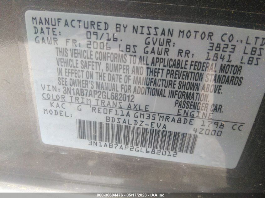 2016 NISSAN SENTRA SV - 3N1AB7AP2GL682012