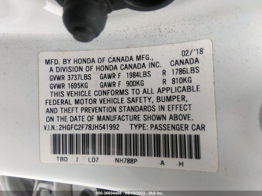 2018 HONDA CIVIC SEDAN EX - 2HGFC2F78JH541992