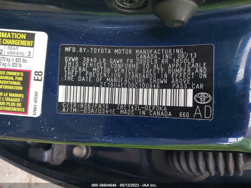2013 TOYOTA COROLLA L/LE/S - 2T1BU4EE0DC100846