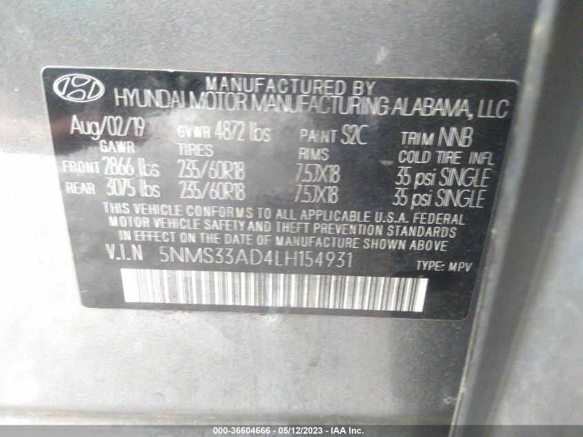 VIN 5NMS33AD4LH154931 2020 HYUNDAI SANTA FE no.9