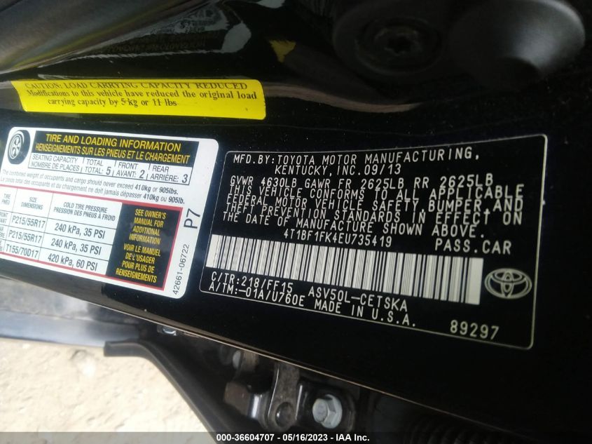 2014 TOYOTA CAMRY L/LE/XLE/SE/SE SPORT - 4T1BF1FK4EU735419