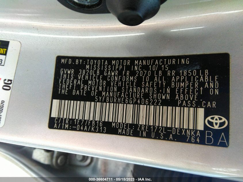2016 TOYOTA COROLLA L/LE/S/S PLUS/LE PLUS - 5YFBURHE6GP406222