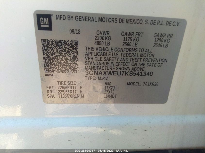2019 CHEVROLET EQUINOX LT - 3GNAXWEU7KS541340
