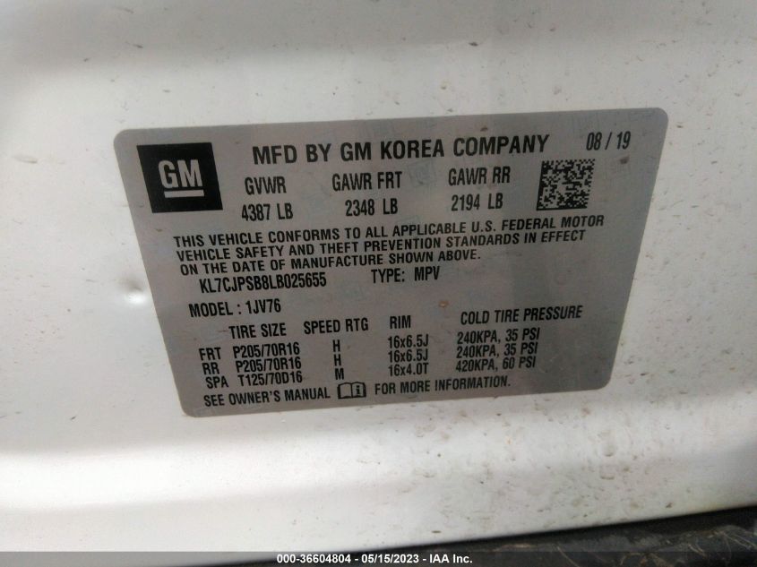 2020 CHEVROLET TRAX LT - KL7CJPSB8LB025655