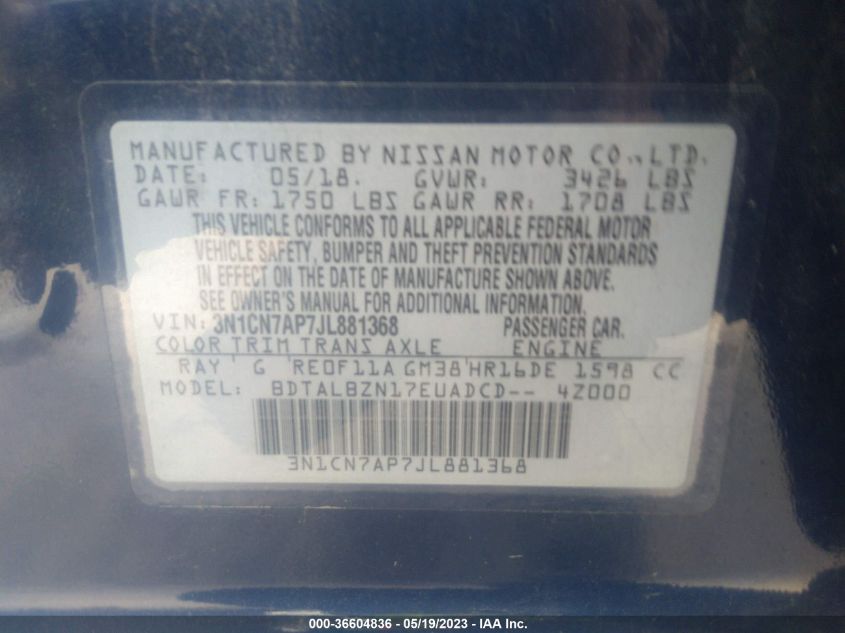 2018 NISSAN VERSA SEDAN SV - 3N1CN7AP7JL881368