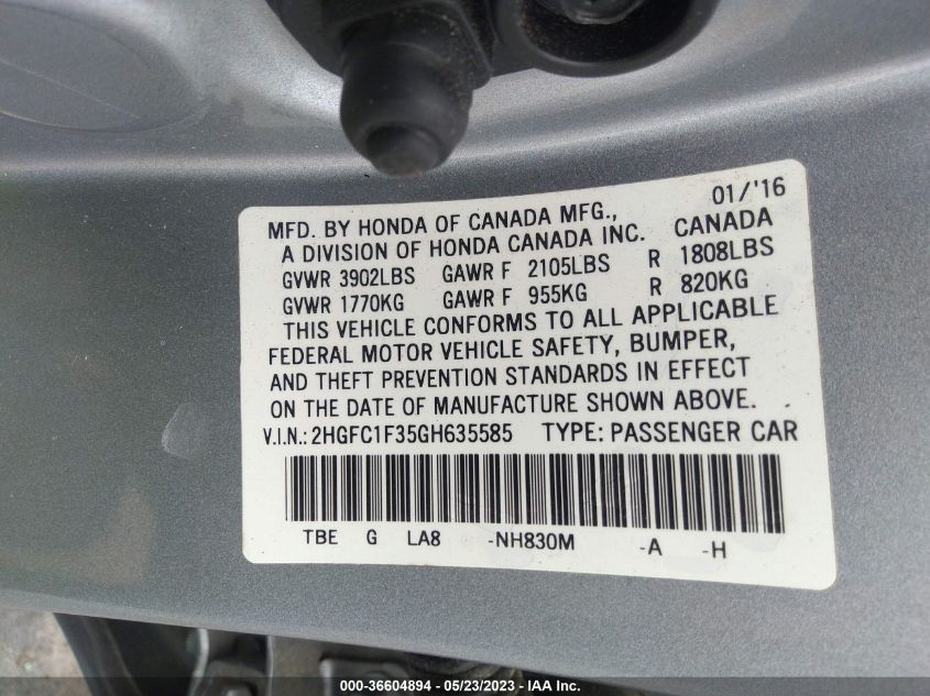 2016 HONDA CIVIC SEDAN EX-T - 2HGFC1F35GH635585